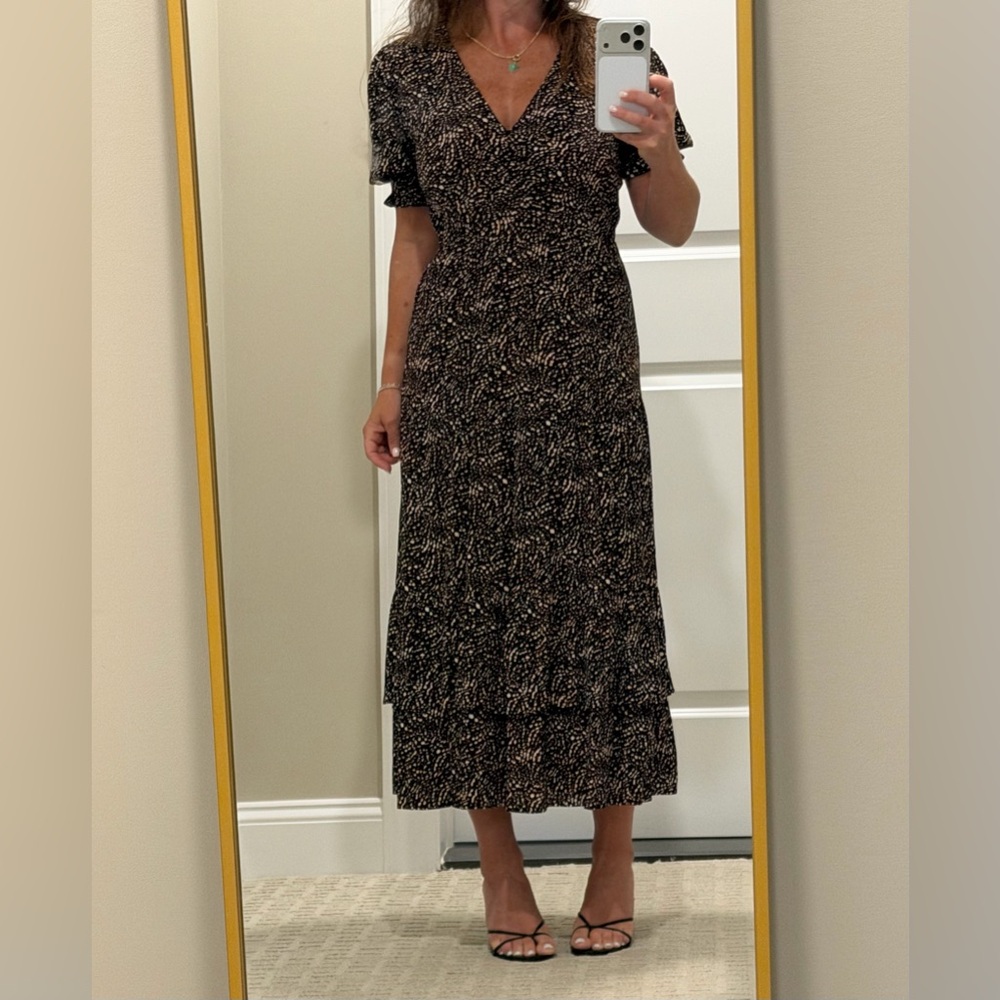 ba&sh Black Midi Dress with Cream Speckle Print
